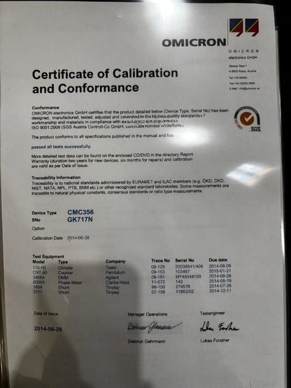 OMlCRON CMC 356 Protection Relay Tester + Calibration Cert & Full Cable Set